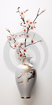 Sakura Branch In White And Gold Vase - Oriental Japanese-inspired Art