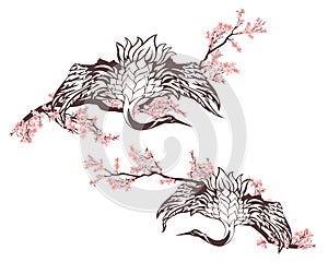 Sakura branches and japanese crane bird with spread wings spring season vector design