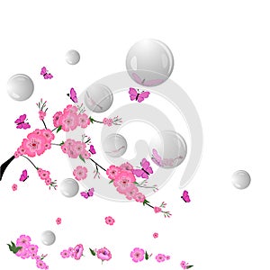 Sakura, butterflie. pink cherry blossoms, bubbles, butterflies