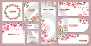 Sakura cards design. Invitation, flyers and business card template. Blooming japanese flowers branches, peach or cherry photo