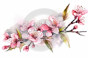 Sakura cherry blossom branch with delicate sakura flowers and buds Watercolor vector illustration