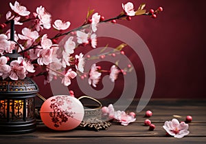 Sakura cherry blossom and red paper lantern traditional decorations