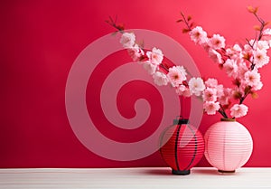 Sakura cherry blossom and red paper lantern traditional decorations