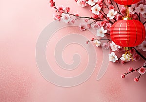 Sakura cherry blossom and red paper lantern traditional decorations