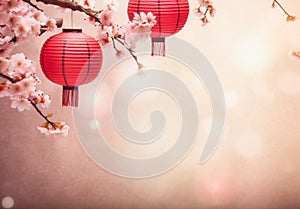 Sakura cherry blossom and red paper lantern traditional decorations