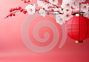 Sakura cherry blossom and red paper lantern traditional decorations