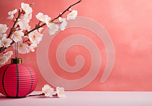 Sakura cherry blossom and red paper lantern traditional decorations