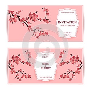 Sakura, Cherry Blossoming Tree Vector Card Illustration. Set of Beautiful Floral Banners, Greeting cards, Wedding Invitations