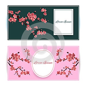 Sakura, Cherry Blossoming Tree Vector Card Illustration. Set of Beautiful Floral Banners, Greeting cards, Wedding Invitations