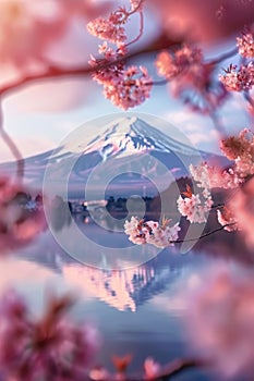 Sakura cherry blossoms with Mount Fuji in background