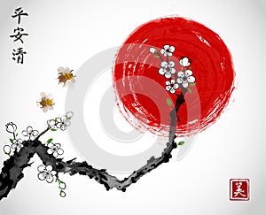 Sakura cherry branch in white blossom, two bees and red sun on white background. Traditional oriental ink painting sumi