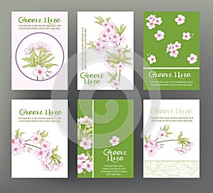 Sakura, cherry. Set of six cards with traditional Japanese flowe