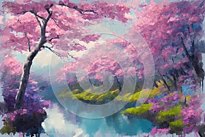 Sakura cherry tree blossom digital art landscape