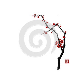 Sakura cherry tree blossom on white background. Traditional oriental ink painting sumi-e, u-sin, go-hua. Hieroglyph -