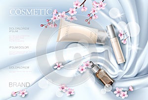 Sakura flower cosmetic promotional poster template. Pink petal blossom japanese branch. Golden pink package realistic 3d