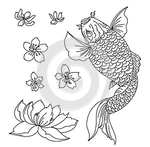 Sakura flower and lotus flower with koi fish for printing on paper.