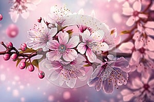 Sakura flowers background, pink cherry blossom in spring, generative AI