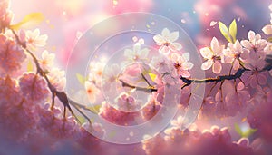 Sakura flowers background, pink cherry blossom in spring, generative AI