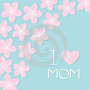 Sakura flowers corner frame Japan blooming cherry blossom set Blue background I love mom Happy mothers day Text with heart sign Gr