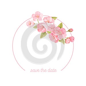 Sakura flowers realistic floral frame banner. Cherry blossom vector wedding card design. Spring flower illustration