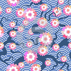 Sakura flowers seamless pattern Nature background with blossom branch of pink flowers. Cherry tree branches japanese wave circle p