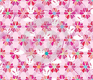 Sakura hexagon flower rabbit fan pink pastel seamless pattern
