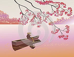 Sakura . A lone boatman,