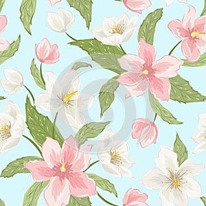 Sakura magnolia hellebore flowers seamless pattern