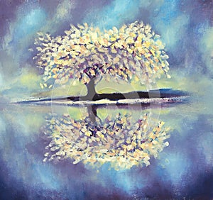 Sakura reflected in water on abstract background oil painting