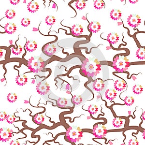 Sakura seamless pattern Nature background with blossom branch of pink flowers. Cherry tree brown branches japanese pattern pastel