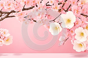 Sakura Splendor Horizontal Banner Showcasing Pink Japanese Quince Flowers on a Sunlit Backdrop Generative AI