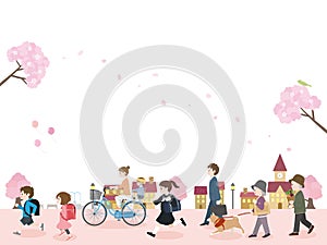 Sakura with town Walking people illustration