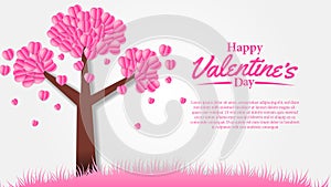 Sakura tree with pink flower heart shape illustration paper cut style for valentine`s day greeting card template