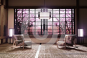 Sakura tree window view in Room interior with ,Zen style. 3D rendering