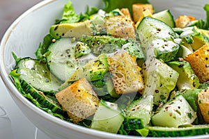 Salad with Avocado, Croutons, Cucumber, Grapefruit and Almonds Closeup, Green Salat, Healthy