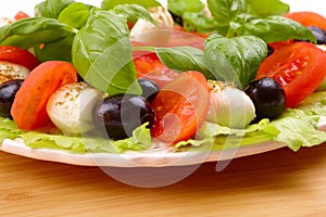 Salad with basil, mozzarella, olives and tomato