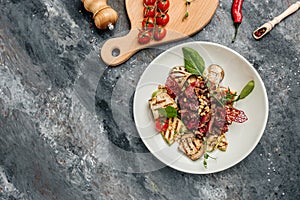 Salad with beef steak. medium Rare marbled meat veal grillsteak with grilled vegetables, nuts, sauce. banner, menu, recipe place