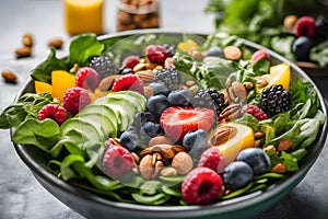 Salad bowl filled with fresh greens, berries, and nuts