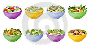 Salad bowl. Healthy lunch with mix of vegetables. Cutting green lettuce leaves and eggs, fish or meat in bright plates