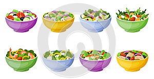 Salad bowl. Healthy lunch with mix of vegetables. Cutting green lettuce leaves and eggs, fish or meat in bright plates. Summer