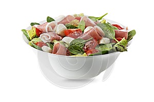 Salad bowl with lettuce and prosciutto