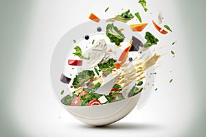 Salad bowl with sliced veggies falling into it on a white background