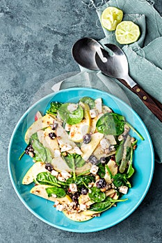 Salad bowl of spinach, apple, white cheese, nuts and cranberry