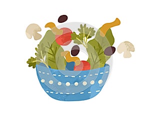 Salad bowl with vegetables and greens isolated on white background. Flat vector cartoon illustration of fresh and