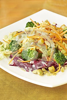 Salad with broccoli, chickpeas, carrots and guacamole