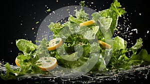 Salad Caesar flying ingredients in white Background. Generative AI.