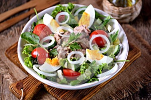 Salad from canned tuna with lettuce, cherry tomatoes, cucumber, onion and boiled egg. Healthy food.