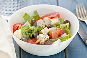 Salad cheese with vegetables in white bowl