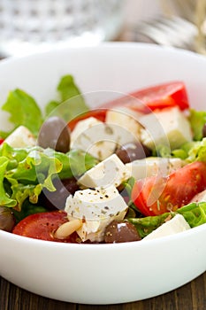 Salad cheese with vegetables in white bowl