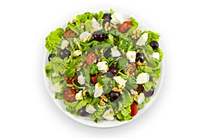 Salad with cheese on white background